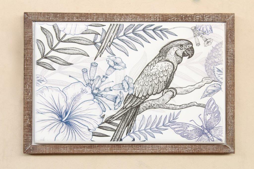 BLACK & BLUE PARROT ENAMEL PICTURE WOODEN FRAME  41.5X62CM